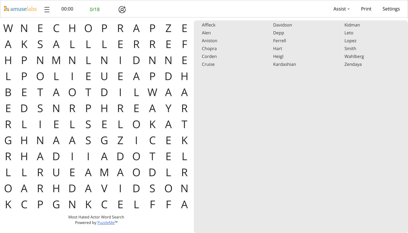 Most Hated Actor Word Search