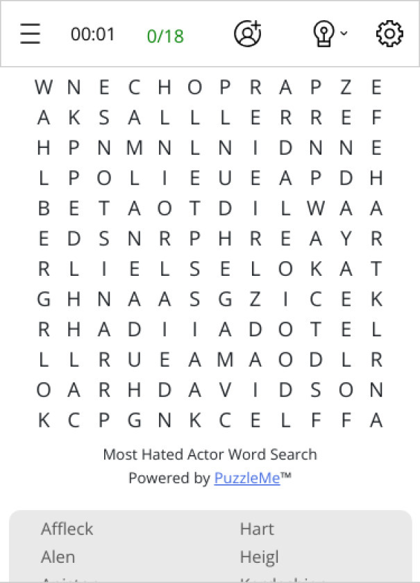 Most Hated Actor Word Search