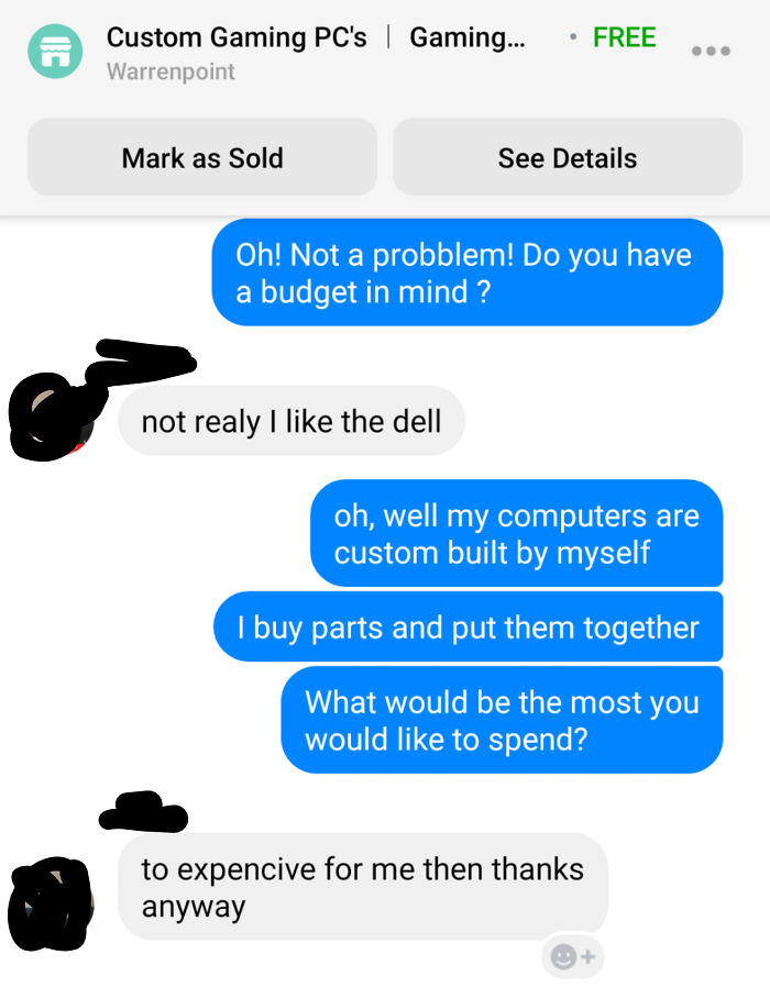 On My Marketplace Post About Building Custom PC's