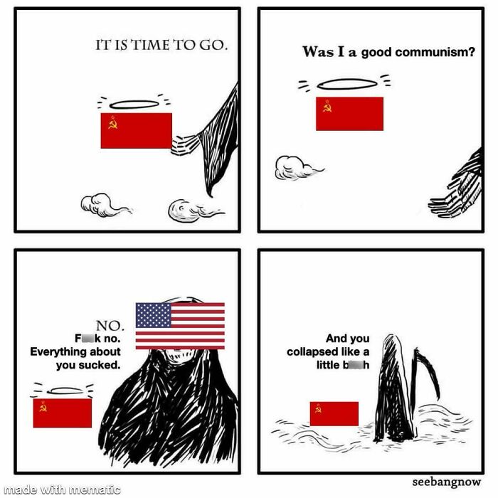 Historical memes humorously depict the fall of communism with the Grim Reaper and flags.