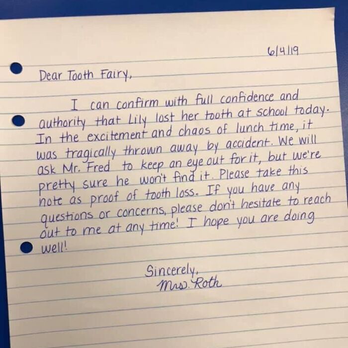 A Little Girl Lost Her Tooth At School And It Got Thrown Away Accidentally At Lunch. Teacher Pens Proof Of Loss Letter For The Tooth Fairy…