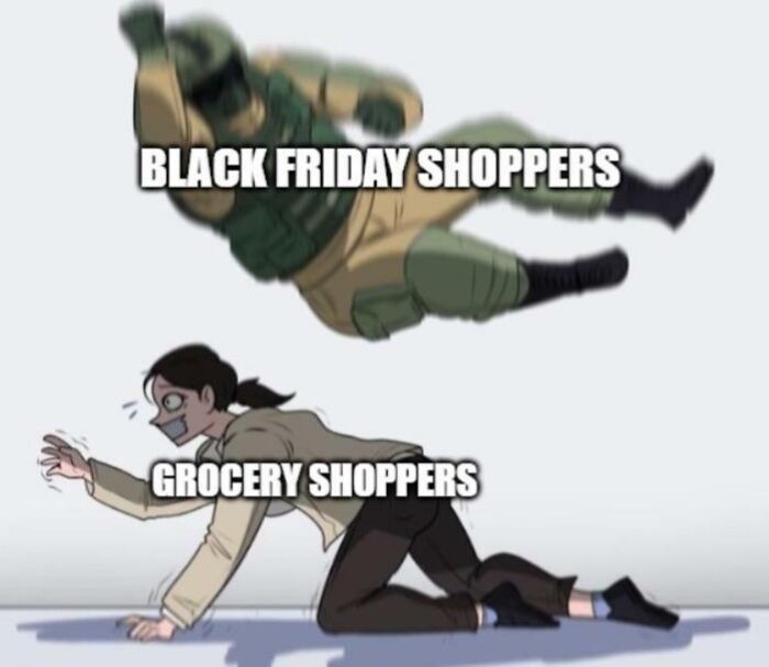 Black Friday shoppers meme showing a soldier leaping over a scared grocery shopper.