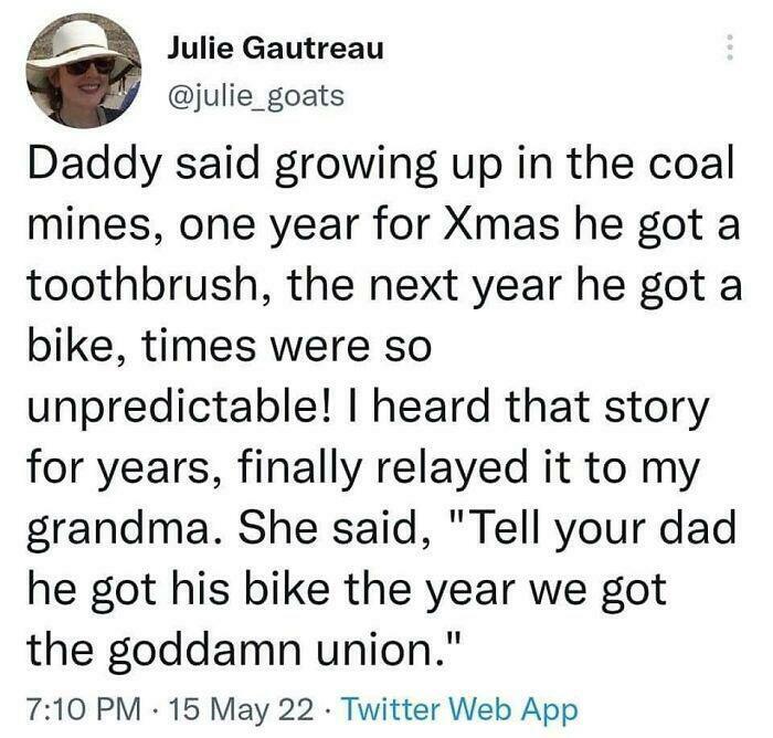 Funny post about a dad's unpredictable Christmas gifts growing up, relaying a humorous family story involving a union.