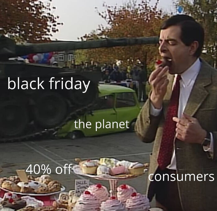 Man eating pastry with Black Friday sale references, humorous scene with tank crushes car.