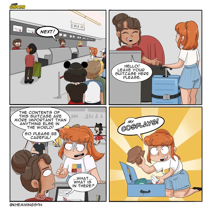 Comic about a redhead at airport check-in, highlighting the importance of cosplay items in her suitcase.