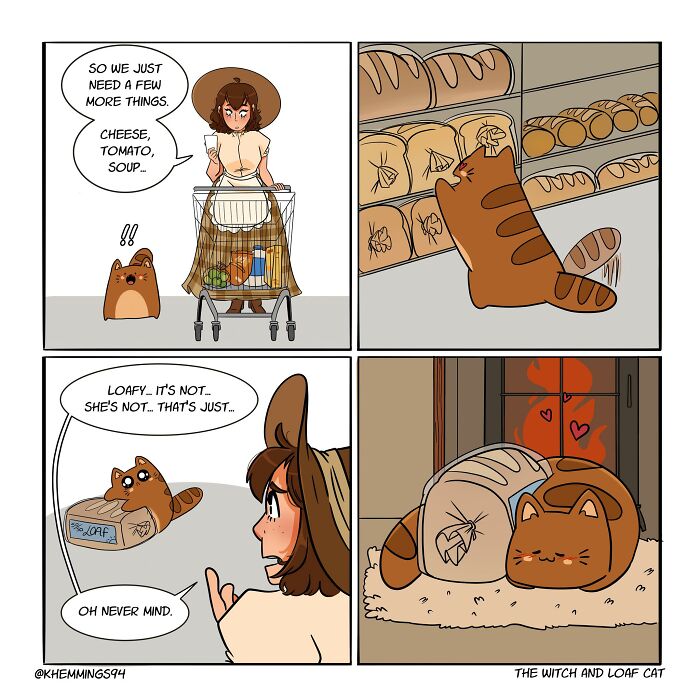 Comic by Katherine Hemmings featuring a woman with a cart and a cute cat exploring bread.