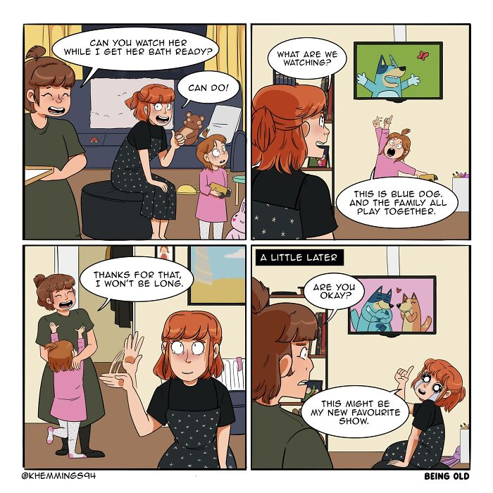 Comic strip featuring a redhead babysitter enjoying a Blue Dog show with a child.