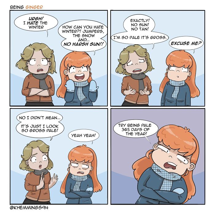 Two characters discuss winter and paleness in a comic by Katherine Hemmings about life and being a redhead.