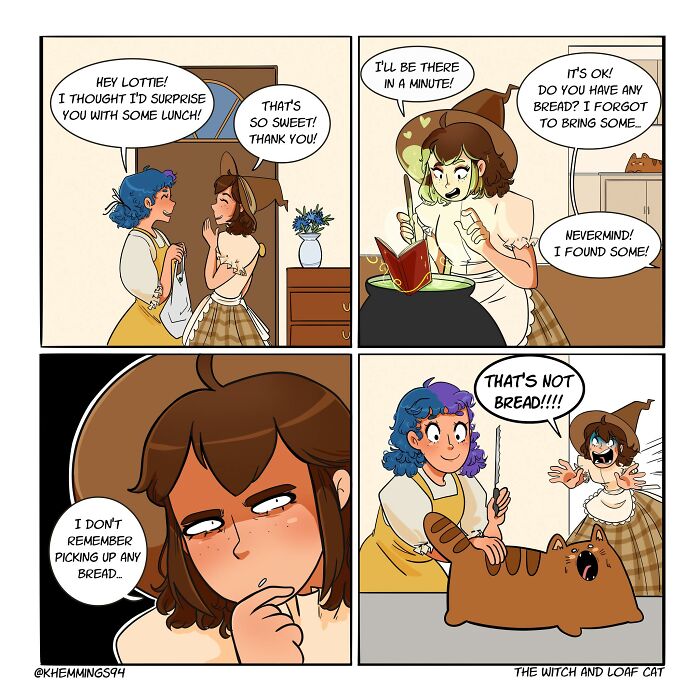 Comic by Katherine Hemmings featuring life, cosplay, and a funny loaf cat scene with redhead character.