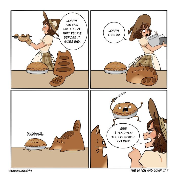 Comic by Katherine Hemmings featuring life, cosplay, and a redhead with a loaf-shaped cat and a pie.