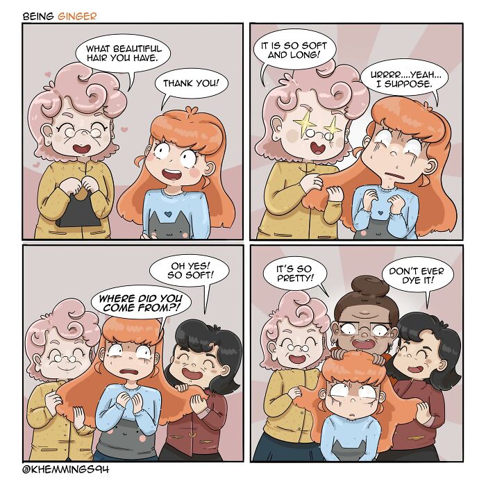 Comic by Katherine Hemmings about a redhead receiving compliments on her hair from friends, highlighting life and cosplay themes.