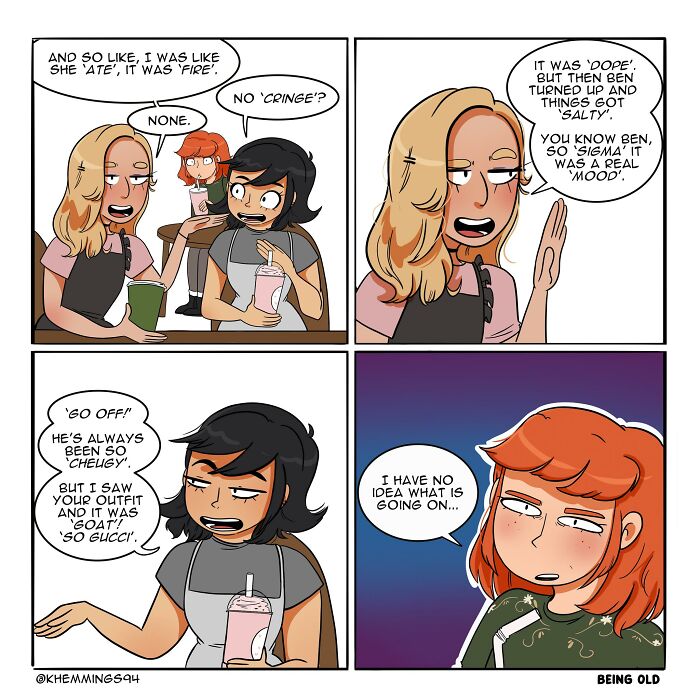 Comic by Katherine Hemmings featuring life, cosplay, and redhead humor with characters discussing modern slang at a café.