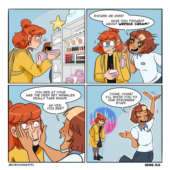 Comic by Katherine Hemmings about life and being a redhead, featuring a humorous moment in a store about wrinkle cream.