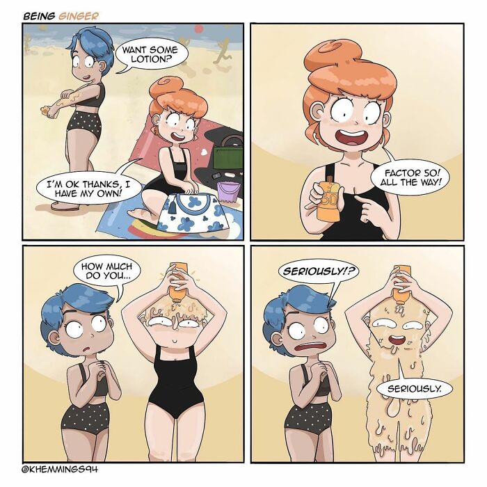 Comic by Katherine Hemmings shows a redhead using excessive sunscreen at the beach while a friend looks surprised.