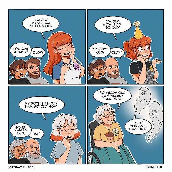 Comic about aging humor with redhead characters and funny reactions to turning 30, 60, and 80.