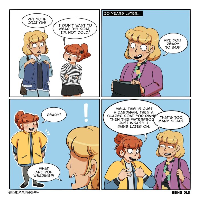 Comic on life and being a redhead by Katherine Hemmings, featuring characters discussing coats across two decades.