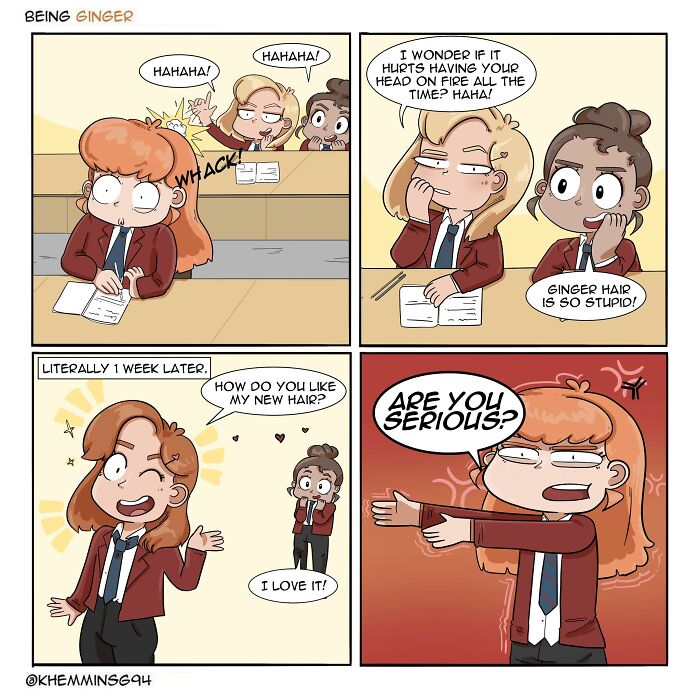 Comic on life as a redhead, showcasing humor and cosplay, by Katherine Hemmings.