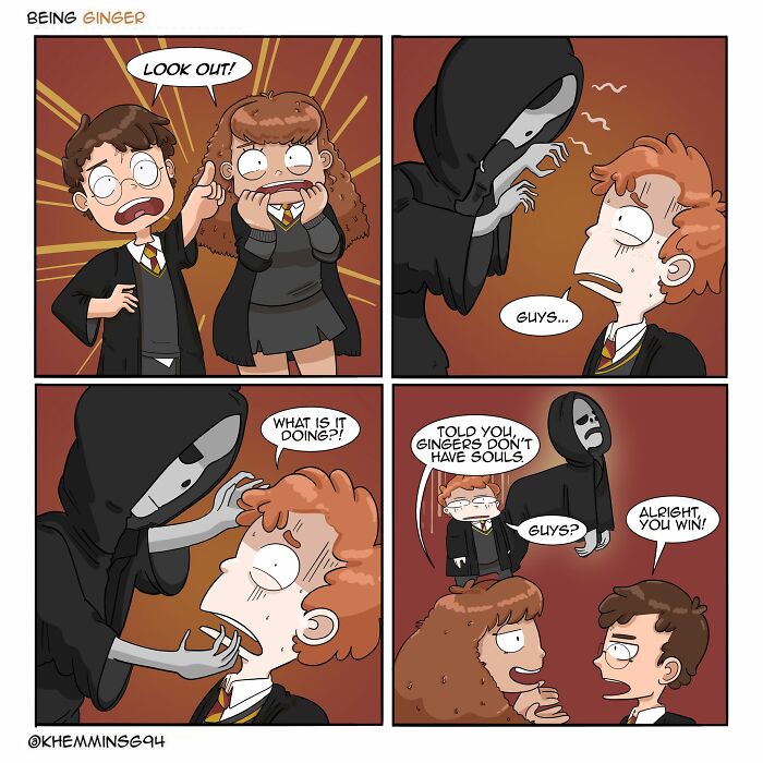 Comic by Katherine Hemmings featuring characters in a humorous scene about redheads and souls, inspired by Harry Potter.