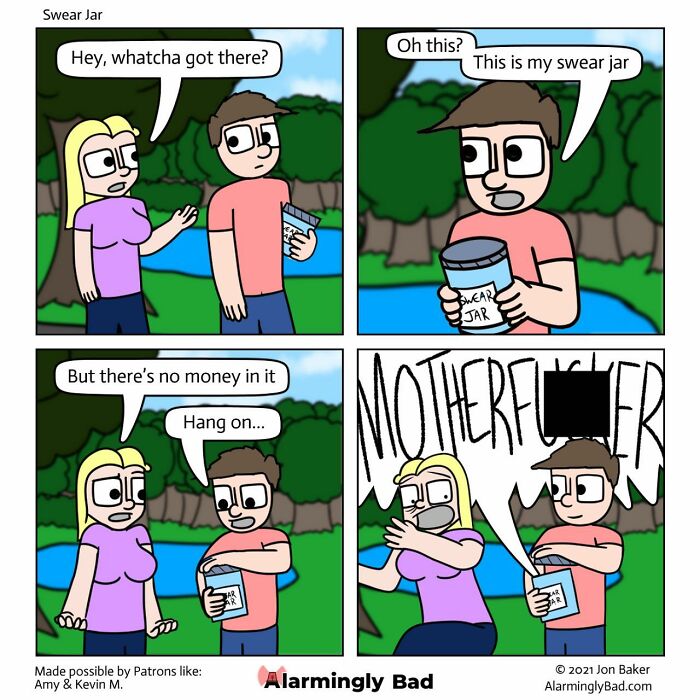 Comic by Jon Baker with humorous twist: a swear jar scene with characters by a lake.