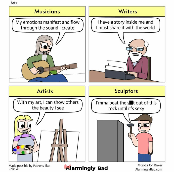 Comic by Jon Baker showing musicians, writers, artists, and sculptors humorously expressing their creative processes.