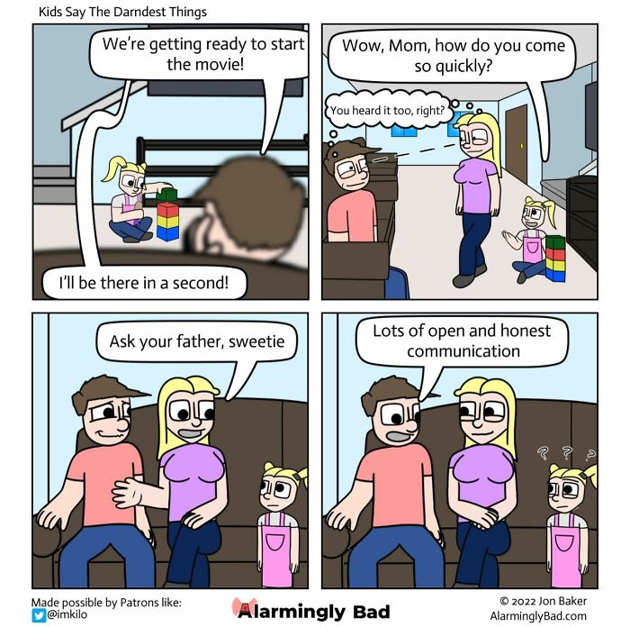 Comic strip by Jon Baker showing a humorous family conversation with a surprising twist.