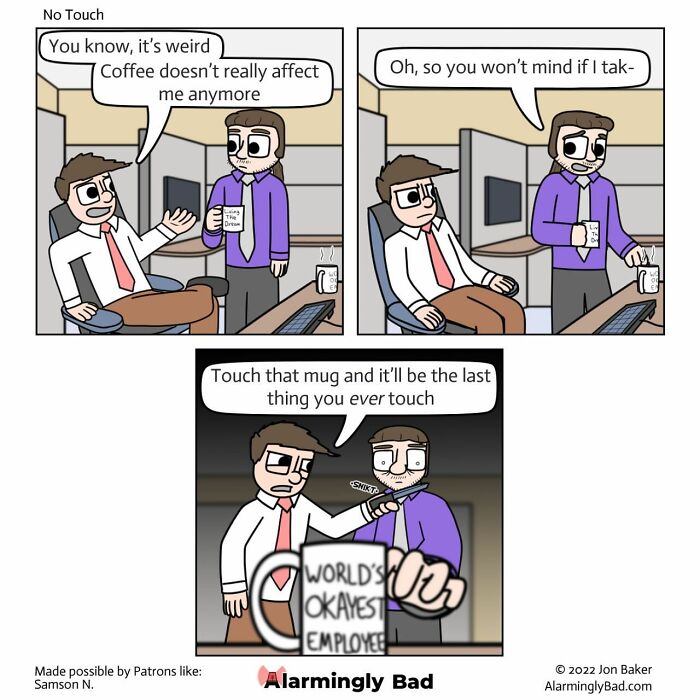 Comic by Jon Baker showing a tense office exchange over a humorous mug labeled "World's Okayest Employee."