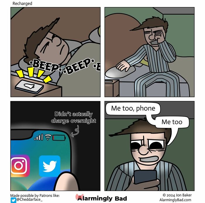 Comic by Jon Baker featuring a sleepy character and an uncharged phone, with a humorous twist on morning struggles.