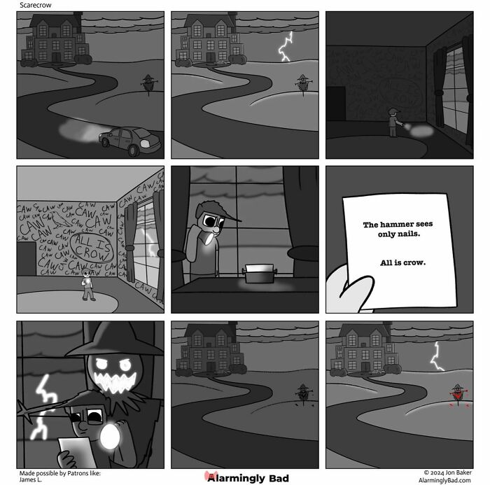 Comic strip by Jon Baker featuring amusing and unpredictable twists with a scarecrow and crows, in grayscale panels.