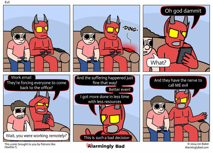 Comic strip by Jon Baker featuring humorous and unpredictable twists with a devil character reacting to work emails.