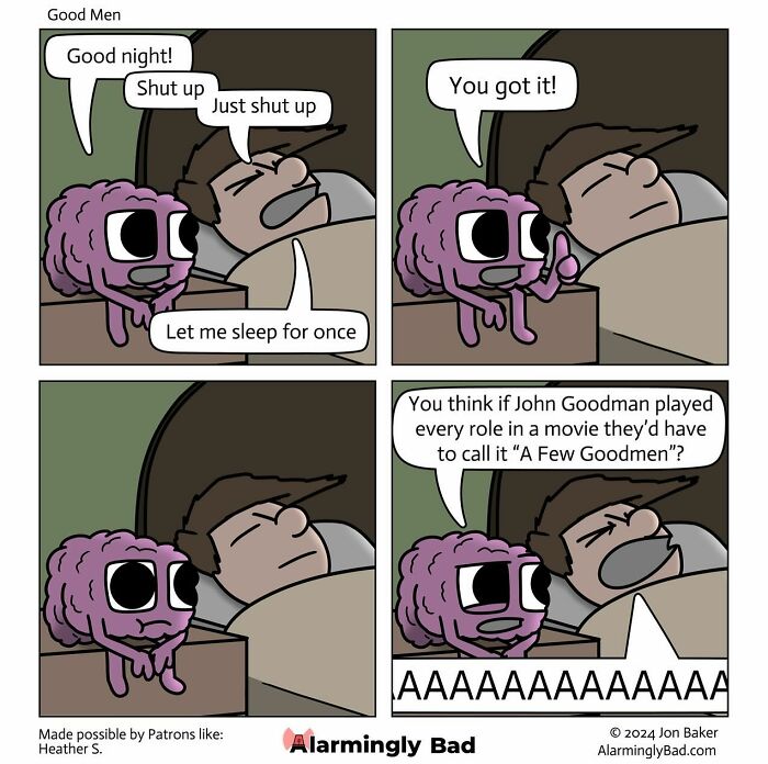 Comic by Jon Baker featuring a person trying to sleep and their brain humorously interrupting with a movie joke.