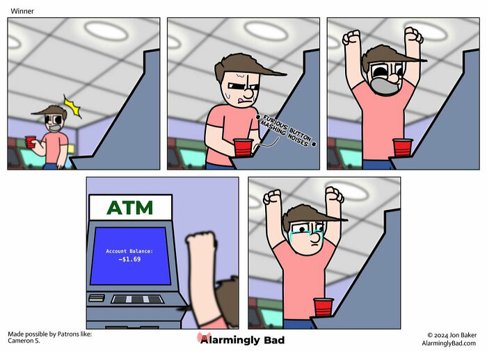 Comic by Jon Baker showing a humorous twist at an ATM with a negative balance.