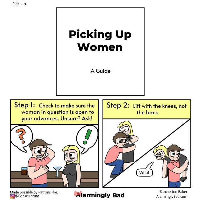 Comics by Jon Baker with humorous and unpredictable twists about picking up women in a comical guide.