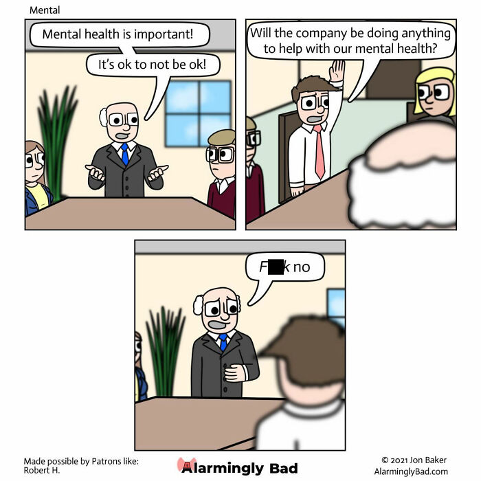 Alarmingly Bad comic by Jon Baker discussing workplace mental health with humorous twist.