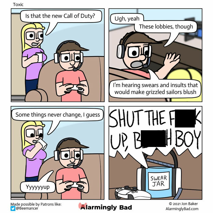 Comic strip by Jon Baker humorously depicting a gamer experiencing colorful language in online game lobbies.