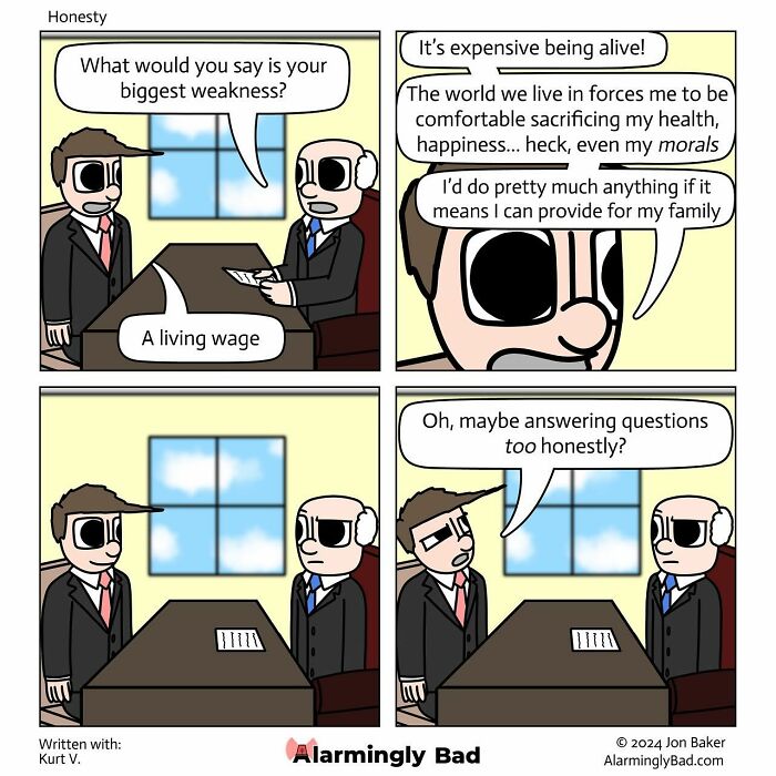 Comic strip by Jon Baker featuring humorous and unpredictable twists about job interview honesty.