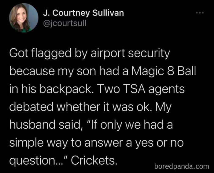 Humorous meme about TSA agents debating a Magic 8 Ball in a backpack at airport security.