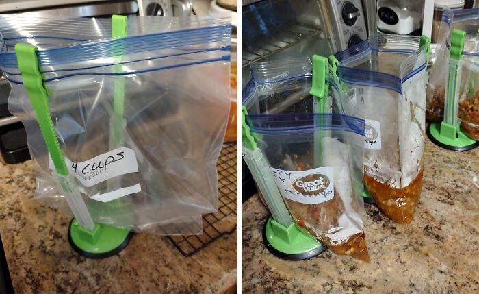 Pour It On With Ease, Thanks To The Clever Upright Ziplock Bag Holder, Designed To Make Filling Liquids Into Ziplock Bags A Breeze