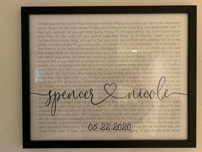 Framed romantic lyrics with decorative script overlay, featuring in-laws' names and date.