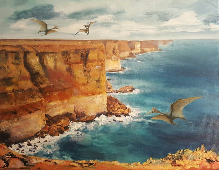 Pterodactyls flying over stunning ocean cliffs, illustrating a humorous twist.