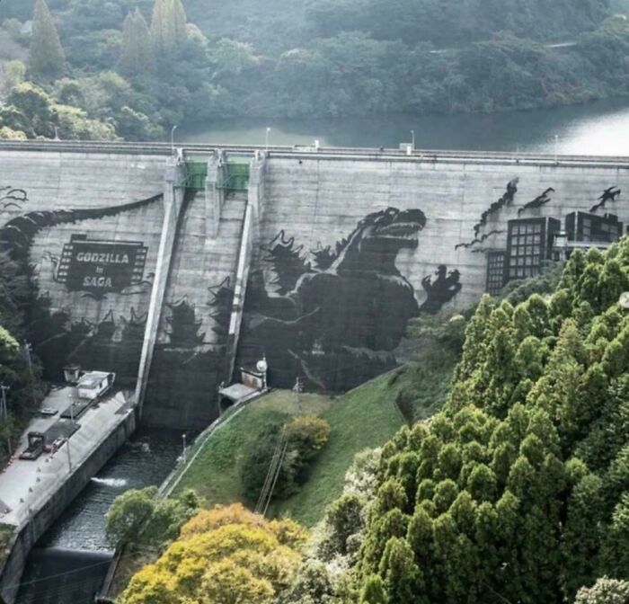 A German Company That Sells Cleaning Equipment Used Its Pressure Washers To Create A Giant Image Of Godzilla On The Iwaya Kawauchi Dam In Saga Prefecture (Japan)