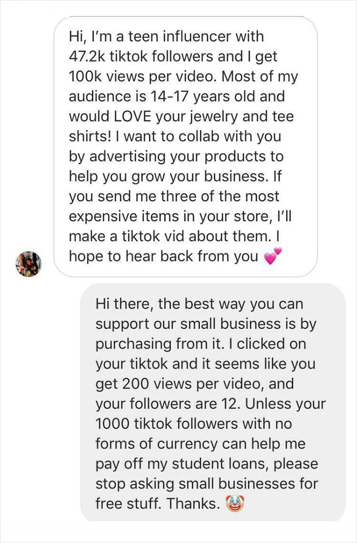 Screenshot of an entitled person's request for free products from a small business in exchange for TikTok promotion.