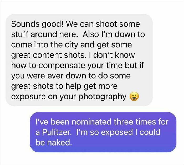 Text exchange highlighting an entitled request for free photography work.