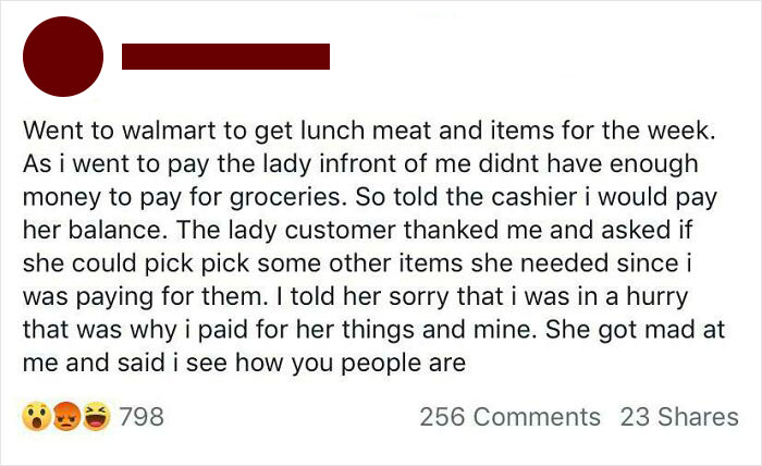 Social media post about entitled people requests at a store checkout, including a customer's reaction.