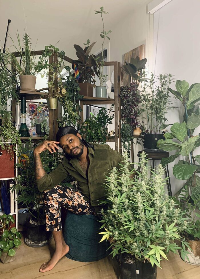 Person seated among various indoor garden plants, showcasing a lush green environment.