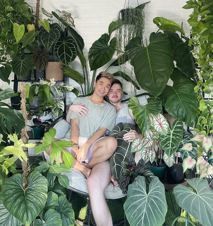 Two people sitting amidst lush indoor garden plants, surrounded by vibrant greenery.