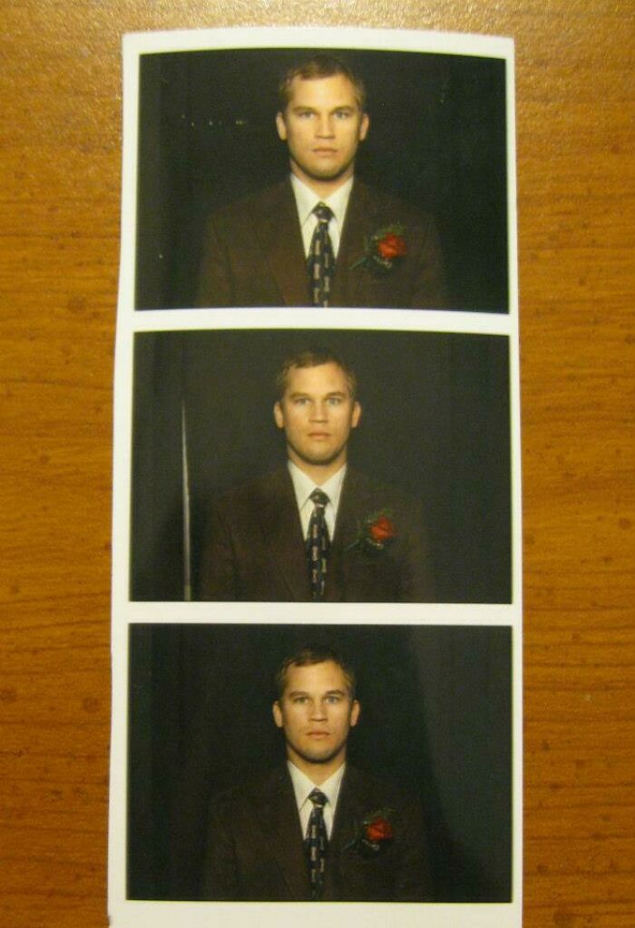 Photobooth strip of a man in a suit and tie with a red rose boutonniere, exuding a comedic in-law vibe.