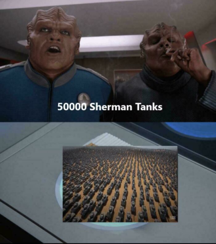 Aliens humorously react to a large number of Sherman tanks in this meme explaining history.