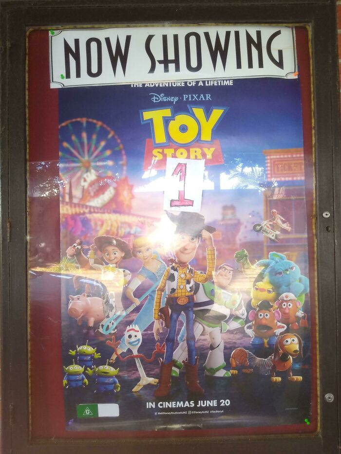 Toy Story 4 poster humorously labeled as Toy Story 1, showcasing funny ad fails in a cinema display.