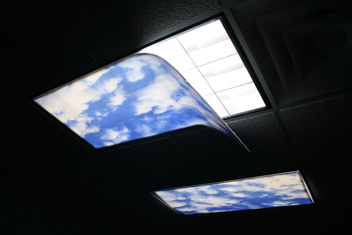 Ceiling tiles with sky prints creating a humorous office view, highlighting good-funny-bosses’ creative decor ideas.