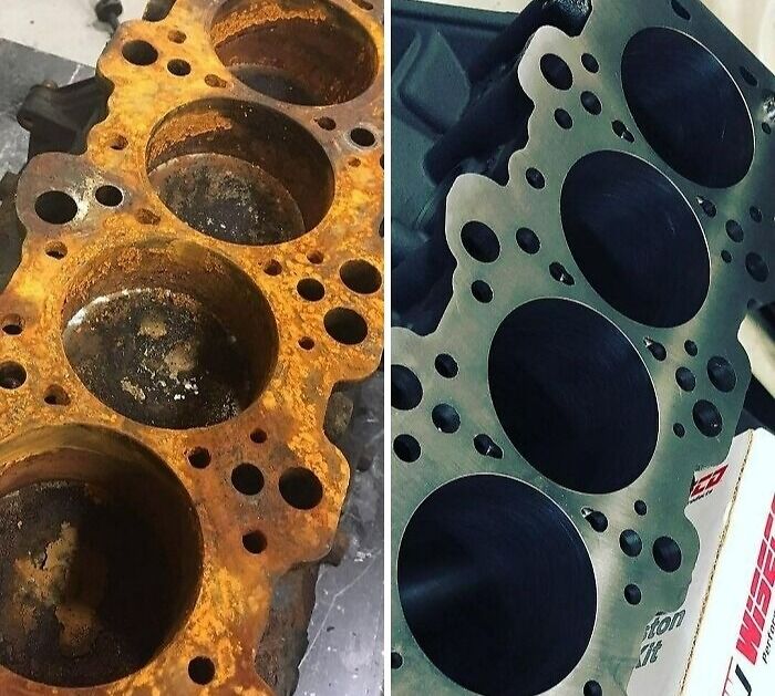 Before-and-after-cleaning pictures showing a rusted engine part on the left and the same part cleaned on the right.